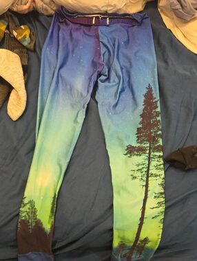 Womens Aurora Forest Print Leggings - Blue Green